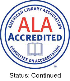 The ALA Accredited logo with "Status:Continued" underneath it