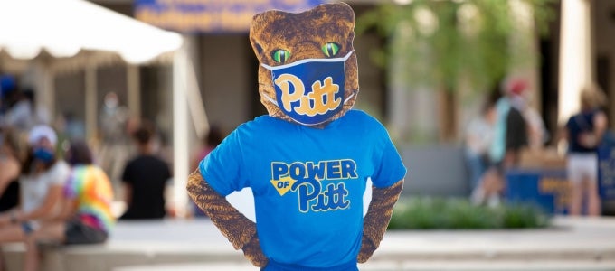 Pitt Panther wearing a face mask