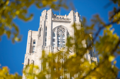 Photograph through trees of the top of the Cathedral of Learning
