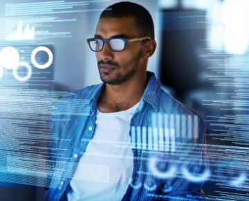 Man with text and computer screens