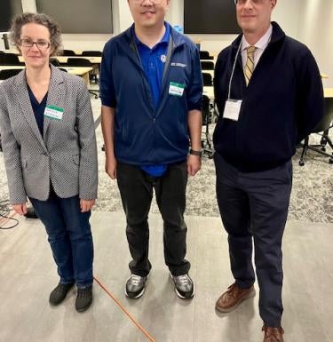 From left to right: Adriana Kovashka, chair, Department of Computer Science; Assistant Professor Xulong Tang; Dean Bruce R. Childers.